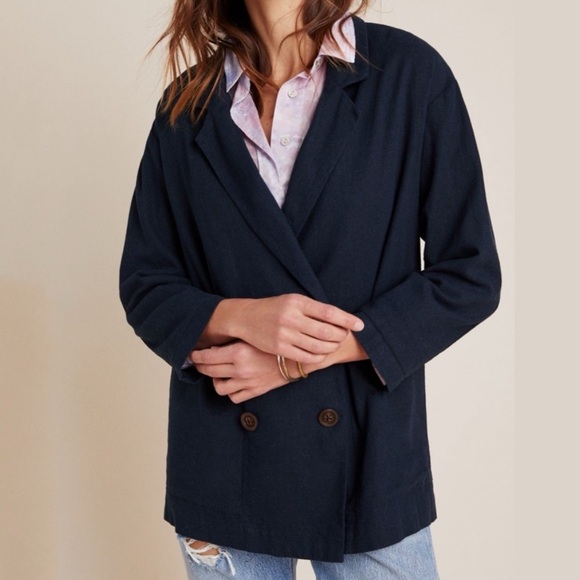 Anthropologie Jackets & Blazers - NWT ANTHROPOLOGIE Amadi Kaye Blazer Navy Sz XS Oversized Linen Double Breasted